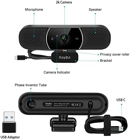 3 em 1 webcam - 2K HD USB C Webcam com microfone e alto -falante, som de som estéreo e microfones de cancelamento de ruído, cobertura de privacidade, correção de luz, câmera da web de foco automático para computador/laptop/PC/monitor