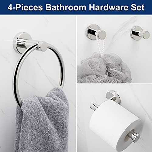 Definição de hardware de banheiro de 4 peças da lua de 4 peças, inclua o anel de toalha de mão, suporte de papel higiênico e 2 ganchos de toalha de túnica, acessórios de banheiro em aço inoxidável montados na parede