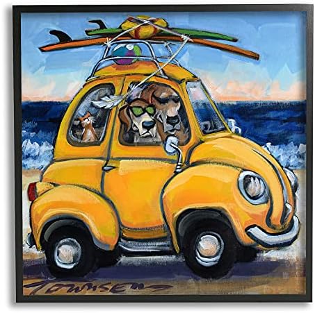 Stuell Industries Pet Beach Buggy Groovy Dog Cat Surf Scene, design de Cr Townsend Black emoldurado arte de parede,