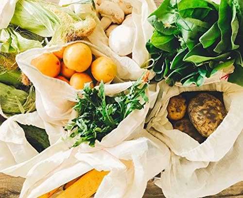 Lito Linen and Toalhas produzem sacos com cordões | Saco de supermercado lavável reutilizável de algodão | Sacos de armazenamento de alimentos em massa ecológicos | Bolsa de compras pacote de 6