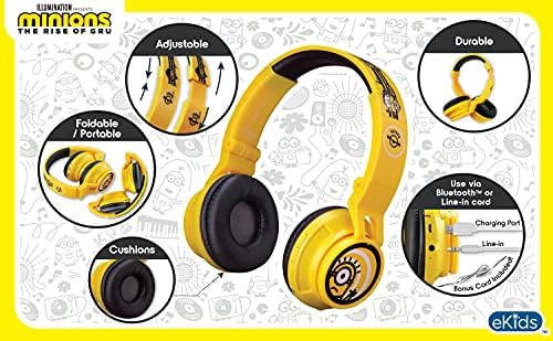 Ekids Minions Kids Bluetooth fones de ouvido, fones de ouvido sem fio com microfone incluem cordão AUX, fones de ouvido dobráveis ​​para crianças reduzidas para a escola, casa ou viagem