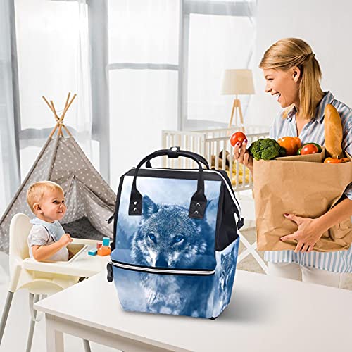 Lobo com olhos azuis Bolsas de fraldas Backpack Mummy Backpack de grande capacidade Bolsa de enfermagem Bolsa de viagem para cuidados com o bebê