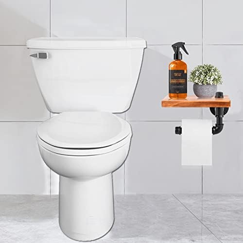 Porta de papel higiênico de banheiro com prateleira, suporte para o vaso sanitário de montagem na parede, prateleira de madeira rústica e suporte de papel higiênico de tubos industria