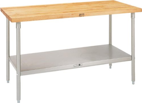 JOHN BOOS SNS07 Maple Top Work Table com base de aço inoxidável e prateleira inferior de aço inoxidável ajustável, 36 comprimento x 30 de largura x 1-3/4 de espessura