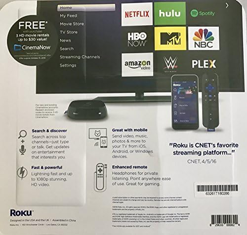 Roku 3 Streaming Media Player com pesquisa de voz com cabo HDMI e aluguel de filmes em 3 HD com Cinemanow