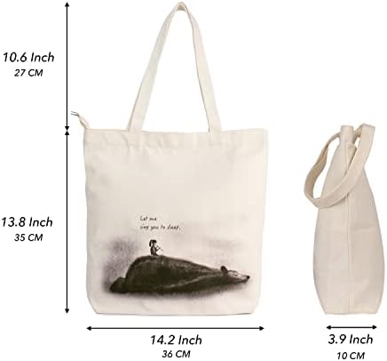 Lafortis estética Totola de tela com zíper bolso interno, bolsa de supermercado de compras de algodão branco de animal fofo