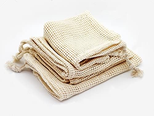 Sacos de malha reutilizáveis ​​com Whitewrap com cordões | 7 x10 Small | 6-Pack | Sacos ecológicos, armazenamento
