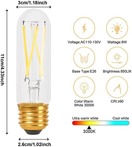 Lâmpada led de 8w de Jswkyy, filamento diminuído, 3000k quente branco 850lm 120V, tubo de vidro transparente T10, lâmpada dourada da lâmpada Edison E26, 8W-6 lâmpadas