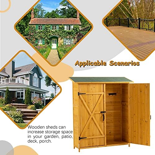 Gabinete de armazenamento ao ar livre de 56 ”L, galpão de jardim de madeira, galpão externo da ferramenta, armário de organizador vertical com portas de trava dupla