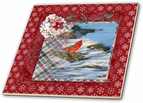 Foto 3drose de Red Bird em xadrez, flora, moldura de floco de neve - telhas