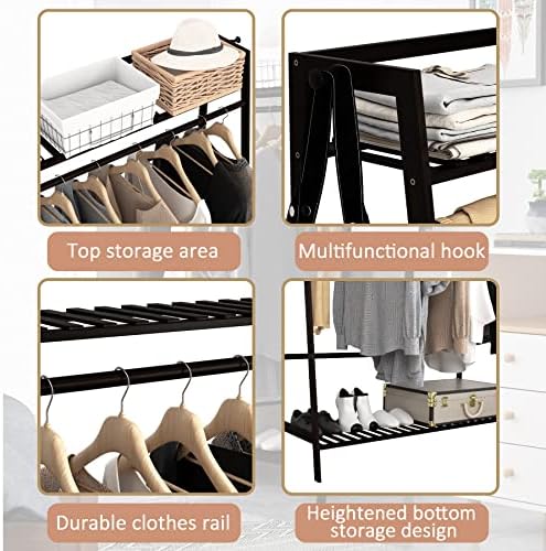 Udear Bamboo Racking Rack com prateleiras, gradinha de roupas independentes, rack de roupas penduradas para o quarto, grande （preto)