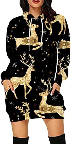 Capuzes femininos vestidos de natal 3d tampa estampada colar de colarinho mini vestido solto de mangas compridas
