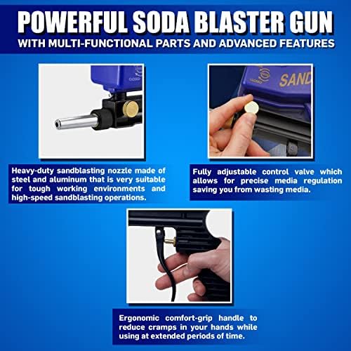 Le Lematec Soda Blaster/Sand Blaster Gun Kit para compressor de ar; Removedor de ferrugem a laser pneumático, stripper e blaster de mídia; Soda e armas de areia para oficinas profissionais e projetos domésticos de bricolage