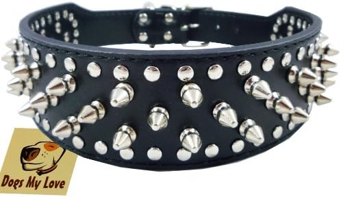 19 -22 Black Faux Leather Spiked Countded Dog Collar 2 de largura, 37 Spikes 60 Studs, Pitbull, Boxer