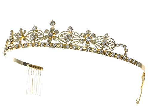 Samky Gold Metal Metal Flower Rhinestone Crystal Wedding Bridal Tiara Crown T1280_