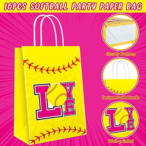 24 PCS Bolsas de festa de softball Gift Bag Bag Softball Goodie Bags Favors Paper Candy Sachs com alça para esportes com tema de aniversário de chá de chá de bebê suprimentos