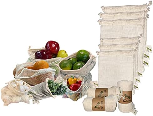 TheBagGuy - Bolsas de malha de algodão orgânico | Sacos de produtos vegetais reutilizáveis ​​| Bolsa de supermercado zero biodegradável | Lavável | Safe de comida | Fechamento de cordão | Qualidade costura dupla de qualidade