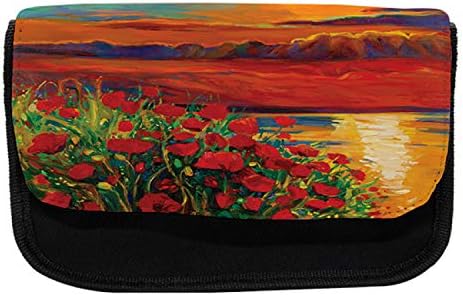 Caixa de lápis de flor lunarável, vista pastoral da pintura a óleo, bolsa de lápis de caneta com zíper duplo, 8,5 x 5,5, verde vermelho laranja verde