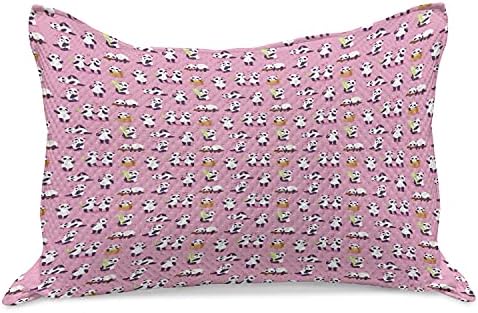 Ambesonne Panda malha de colcha de travesseiros, animais fofos brincando em um fundo rosa, capa de travesseiro