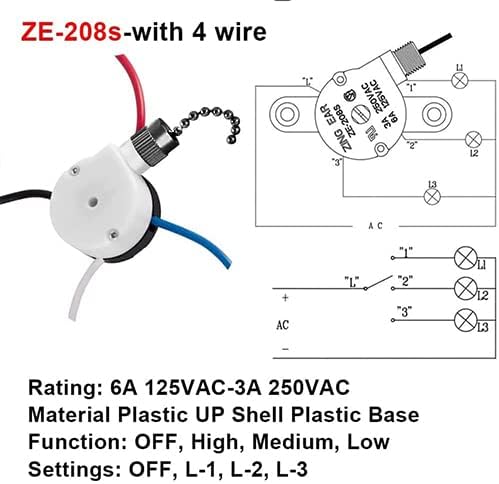 Interruptor do ventilador de teto Zing Ear ze-208s e89885 3 velocidades 4 arame puxar o interruptor do ventilador da luz de reposição da luz de substituição com 4 fios pré-instalados
