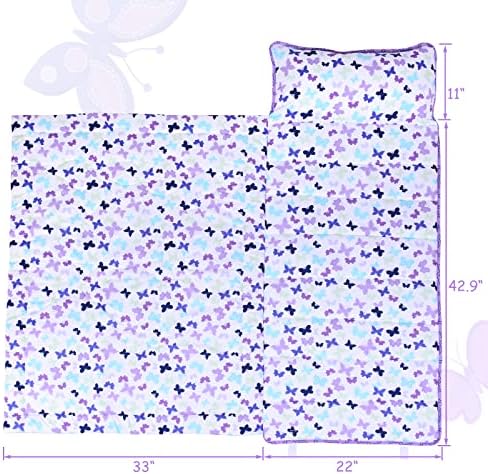 Uomny criança cochilo tapete meninas garotas tapetes de soneca com travesseiro removível e cobertor Butterfly Toddler Saco de dormir para creche pré -escolar Purple Happy Napper Girls 50x20 polegadas