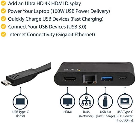 Startech.com Usb C Adaptador multitor-Dock USB-C portátil com 4K HDMI-100W PD 3.0 Pass-through, 1x USB-A, 1x USB-C, GBE-Thunderbolt 3 e USB Tipo-C Dock de viagem para laptop-Mac & Windows