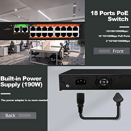 TEROW LINK TEX191 18 PORTS 190W Poe Switch Switch não gerenciado Ethernet Switch 16 Portas Switch Poe 100 Mbps com 2 Gigabit Uplink Port IEEE 802.3af/AT 丨 Ai Detecção 丨 Plug & Play 丨 Sturdy Metal, Black