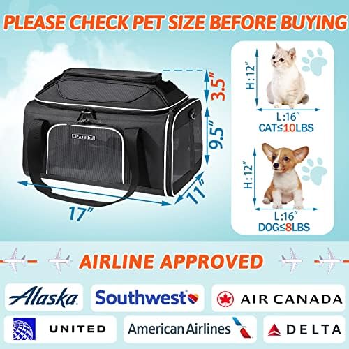 Petskd Pet Transportador de estimação superior 17x11x9.5 Airline Alaska Airline aprovada, portador de gato de cachorro pequeno e macio para animais de estimação de 1 a 10 libras com zíper de segurança de travamento e malha anti-arranha