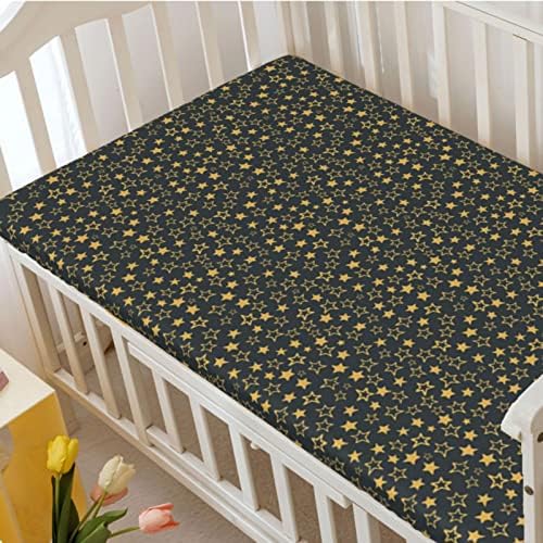 Folha de berço com tema de estrelas, colchão de berço padrão folhas de berço macias e respiráveis ​​lençóis de berço-bebê para menina ou menino, 28 x52, terra amarela azul cinza