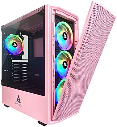 APEVIA Predator-PK Mid Tower Gaming Case com painel de vidro temperado 1x, portas superior USB3.0/USB2.0/Audio, 4x RGB, estojo rosa