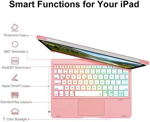 Caixa de teclado Kvago para iPad 10ª geração 2022 10,9 polegadas- trackpad multi-touch, teclado de backlight de 7 cores- 360 ° Case inteligente rotativa 10,9 polegadas com porta-lápis, ouro rosa