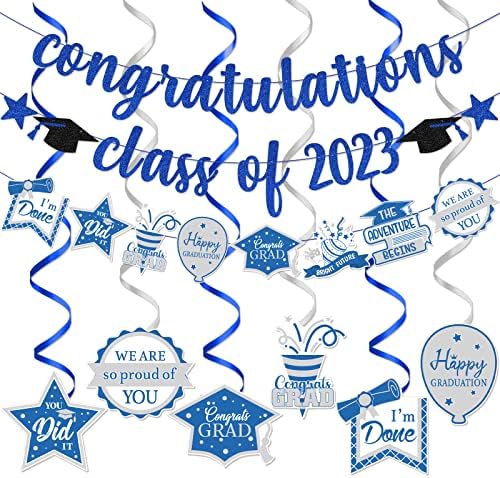 Decorações de festa de formatura azul e branco 2023 Parabéns aula de 2023 Banner Blue Graduation Decorations