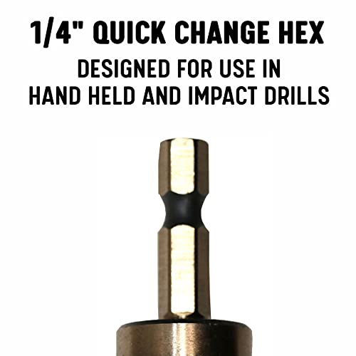 Drill America HSS Black & Gold Step Bit com troca rápida HEX Hank, 5 peças com haste redonda