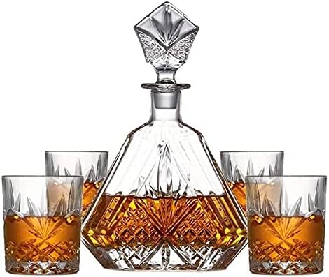 Whisky Decantador Whisky Decanter Decanter Whisky Decanter e copos Conjunto de copos, bourbon, licor, 5 peças, 100 ％ Cristal com caixa de presente, decantadores de licor sólidos e estáveis