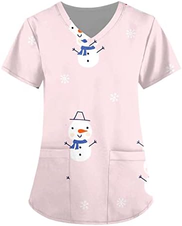 Moda feminina Impressão de Natal Tops blusa clássica de gola em v altura de manga curta de luvas de trabalho enfermeiro uniforme com bolsos