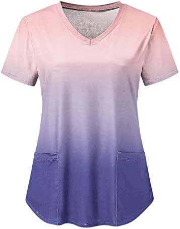 Blouses Dressy para mulheres gradiente de verão impresso de bolso de manga curta solta Camisetas