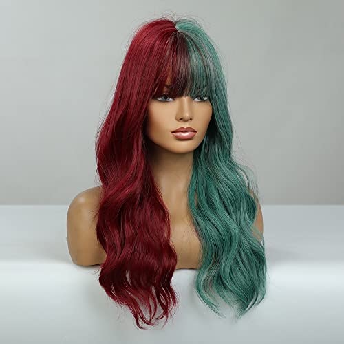 Mystylecos Red e Green Wigs for Women Long Wavy Wig com peruca de fibra resistente ao calor para festas diárias