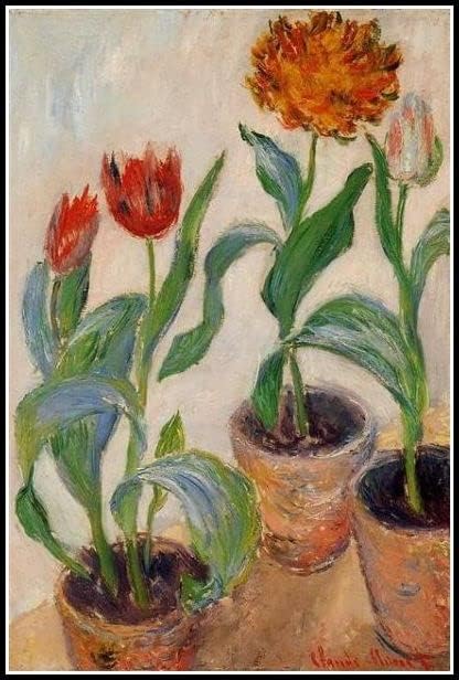 Três vasos de tulipas pintando por kits de pintura de diamante Claude Monet para adultos, arte de diamantes de cristal 5D com ferramentas de acessórios, imagem de arte de bricolage para o presente