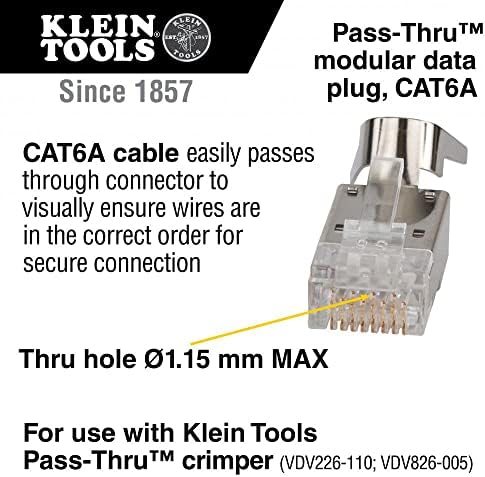 Klein Tools VDV826-754 Plugue de dados modulares para cabo blindado CAT6A e maior diâmetro CAT6 Cabo Ethernet interno ou externo, 100 pacote