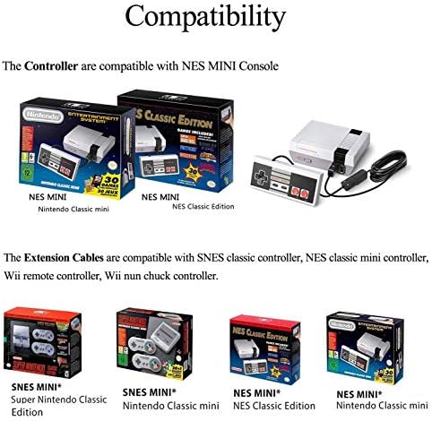 Chilartalent 1 NES Mini Classic Controller com 2 pacote de cabo de extensão de 10 pés para NES Classic, SNES Classic, Wii e Wii U Controller