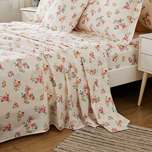 Usning White Floral Sheet Set Queen, algodão rosa Floral Settle Conjunto de roupas de cama de Flor Flor da fazenda vintage 5 Peças