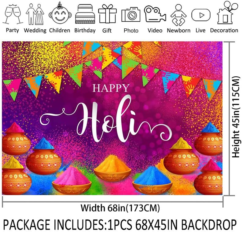 Tecido zthmoe 68x45inCh feliz holi holi cenário indiano pó colorido graffiti fotografia background festival hindu