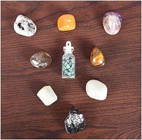 Pedras naturais de pedras de reiki cura e cura de cristal Tolas de pedra 7 PCs Tumble, 1 PCS Rough, 1 chips garrafa de garrafa