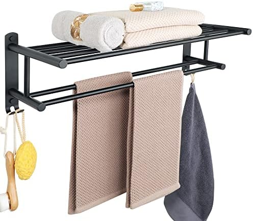 Alise Bathrowel Rack Rack Towel Shelf com duas barras de toalhas e ganchos de toalhas duplos porta-toalhas de montagem de parede, SUs 304 Aço inoxidável fosco preto Gy6000-B