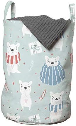 Bolsa de lavanderia de desenho animado de Ambesonne, ursos polares em cobertor com corações românticos desenhados
