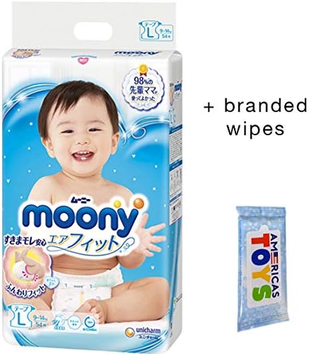 Fraldas para bebês Tipo de fita tamanho grande 54 contagens - Moony fralders pacote com toalhetes de