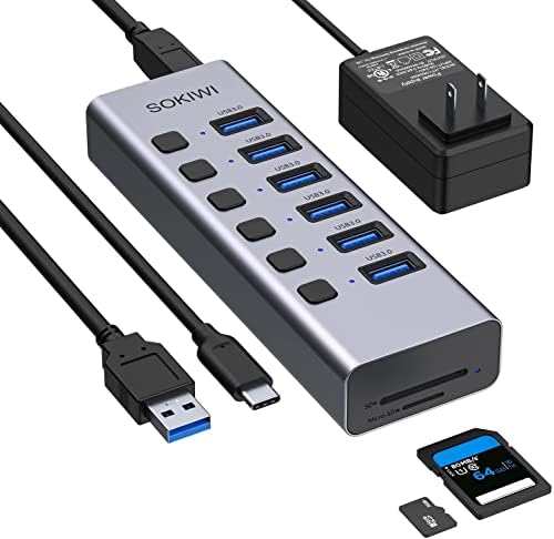 Hub USB elétrico, hub USB de 8 portas 3.0 com leitores de cartão SD/TF, hub de porta USB 3.0 com interruptores