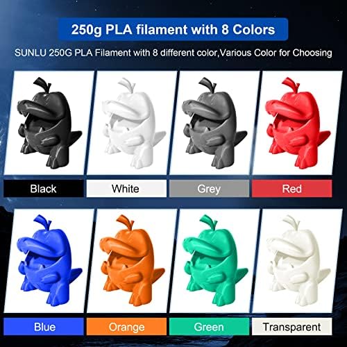 SUNLU 250G PLA Filamento 1,75 mm e superfície de construção magnética ， 0,25 kg de bobo, 8 rolos, preto+branco+cinza+transparente+vermelho+azul+laranja+verde+9,25x9.25