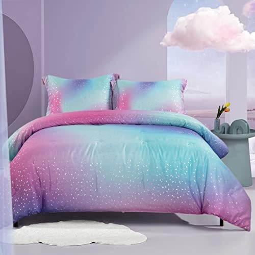 Hombys Sereia Rainbow Pink Ediceter Conjunto de 3 peças Rainha/Tamanho completo, Conjuntos de edredom de cama de impressão metálica para cama queen -size, consolador alternativo suave para meninas
