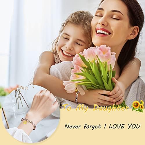 Presentes do Dia das Mães Ursilver para Filha Sunflower Bracelets Iniciais, Sunflower Natural Stone Coração Inicial Bracelets Mães Presentes do Dia